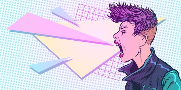 cyber girl screams. emotion 80s woman. Pop art retro vector illustration kitsch vintage. 80s girl woman