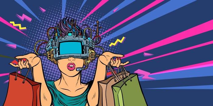 woman shopping on sale. virtual reality VR glasses. Pop art retro vector illustration vintage kitsch