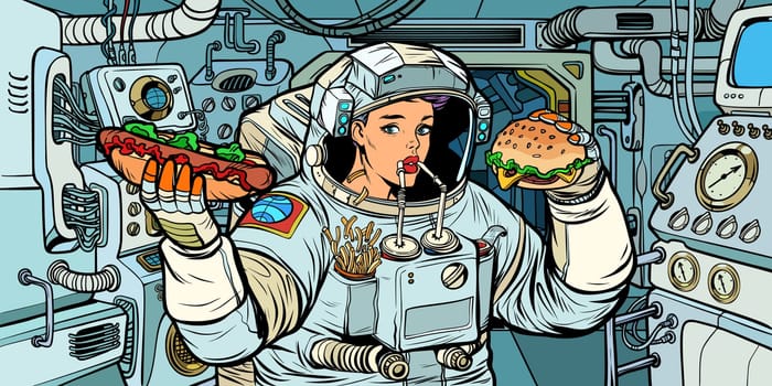 Woman astronaut eats in a spaceship. Cola, hot dog and Burger fast food. Pop art retro vector illustration kitsch vintage