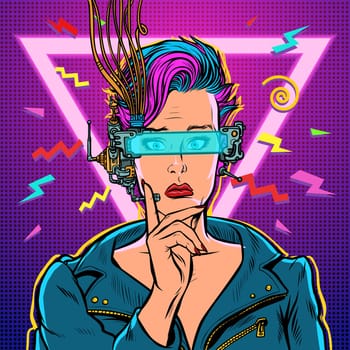 thinker vr glasses woman gamer virtual reality online. 80s girl. Pop art retro vector illustration kitsch vintage. 80s girl woman