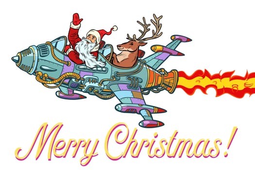 Merry Christmas. Santa Claus with a deer flying on a rocket. Pop art retro vector illustration vintage kitsch. Isolate on white background