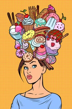 Hungry woman thoughts concept. Sweets baking birthday. Pop art retro vector illustration kitsch vintage
