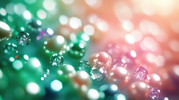 Various sparkling gems and colorful beads are scattered artistically, reflecting light and creating an enchanting atmosphere, ideal for crafts or decoration.
