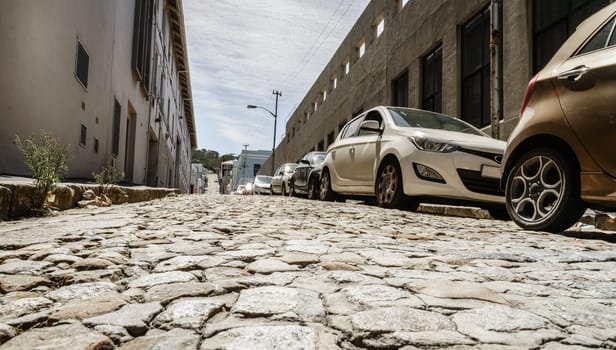 Low angle view of cobblestone street in Cape Town, South Africa