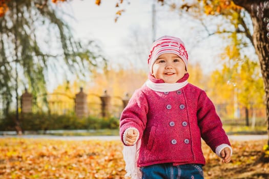adorable little girl with autumn leaves in the beauty park
