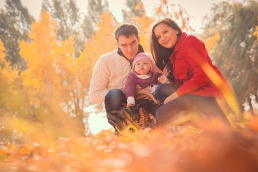 happy young family spending time outdoor in the autumn park