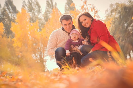happy young family spending time outdoor in the autumn park