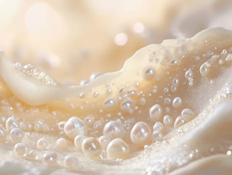 Delicate fabric features soft folds and a glossy surface, showcasing numerous shimmering pearls that reflect light beautifully. The overall composition creates an elegant and serene atmosphere.