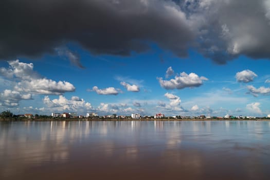 Vientiane Cityscape At Mekong River, landscape with dramatic clouds