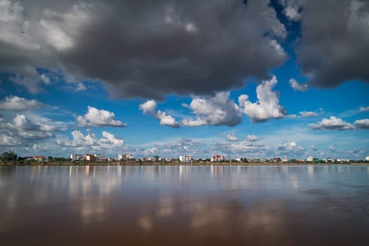 Vientiane Cityscape At Mekong River, landscape with dramatic clouds
