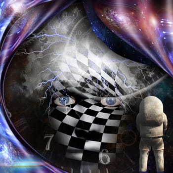 Surrealism. Spirals of time and warped space. Astronaut. Checkered woman's face with lightnings in deep space.
