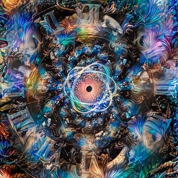 Colorful abstract painting. Clock face and atom in vivid space