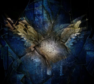 Surrealism. Angel's wings. Image composed entirely of words, text.