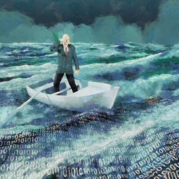 Surreal painting. Man in suit floats in boat in ocean with binary code.