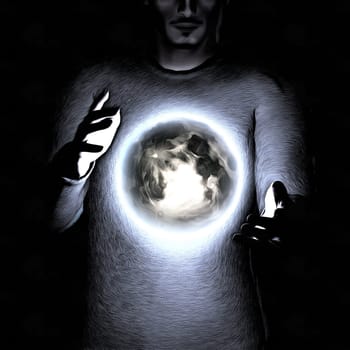 Surreal painting. Man holds planet Earth between hands.