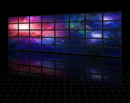 Galaxies and stars on screens in dark space