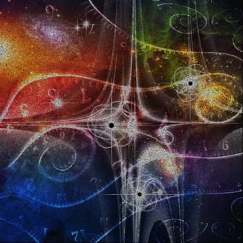 Eternity in space. Time spirals and black gravity holes. Image composed entirely of words, text.