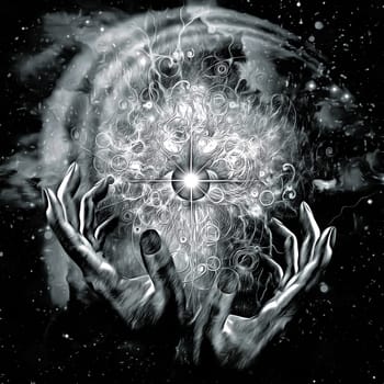 Surreal painting. Eye of God in the universe. Hands of creator