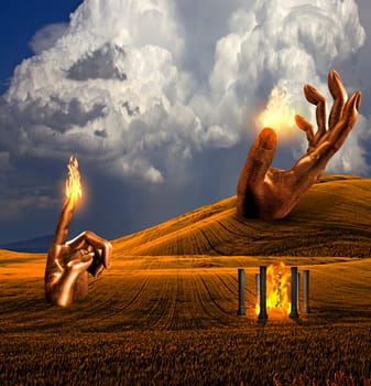 Surreal Landscape with giant sculptures and temple of fire