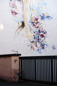 Aschaffenburg, Germany - November 17, 2018: The portrait of a young woman as an artful graffiti drawing on a building wall in a side street on November 17, 2018 in Aschaffenburg...