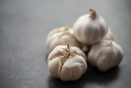Garlic with copy space on dark background.