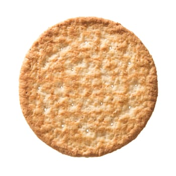 Top view wheat cracker. A single piece whole meal oat biscuit isolated on white background.