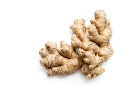 Fresh raw ginger root with copy space isolated on white background.