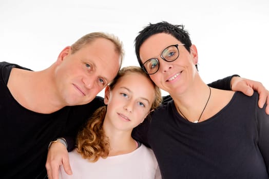 happy family sitting in front of white background