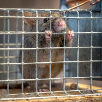 Little mouse sits trapped in a wire trap against blurred background