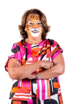 senior woman with tiger face-paint isolated in white