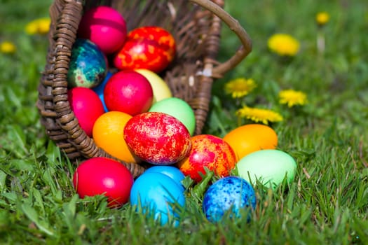 Happy Easter, colorful eggs in a basket
