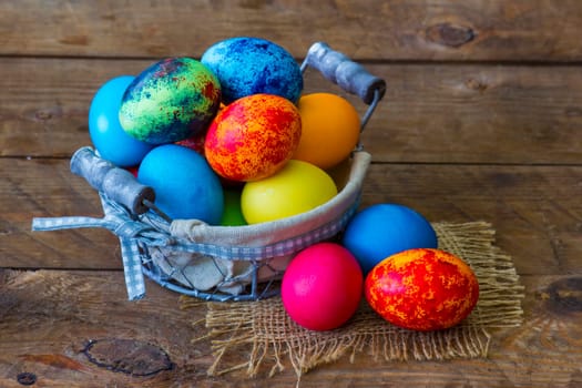 Happy Easter, colorful eggs in a basket
