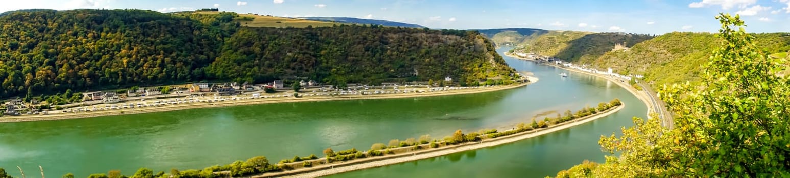 Panorama view to the river rhine from famous lorely in germany