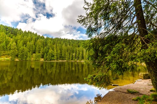 Tranquil mountain lake with reflections of the surrounding green forests viewed from a rocky shoreline on a sunny cloudy day