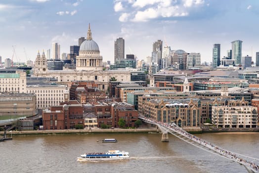 St paul cathedral with millennium bridge London UK. Aerial View