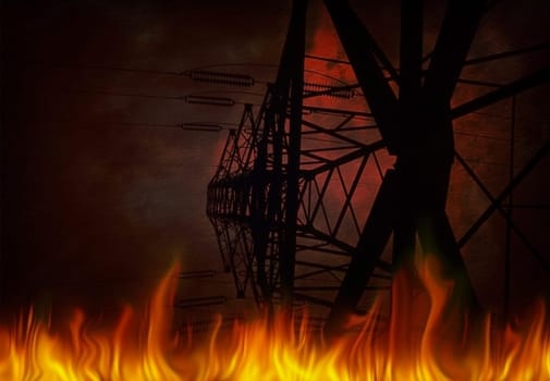 High voltage electricity pole under red sky. Burning Fire. Industrial Apocalypse