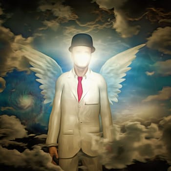 Man in white suit with angel wings