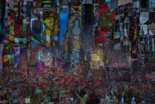 Times Square, surreal painting. Image composed of words. 3D rendering