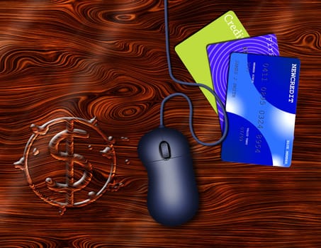Symbolic composition. Digital money. US dollar sign on wooden table. Computer mouse and credit cards