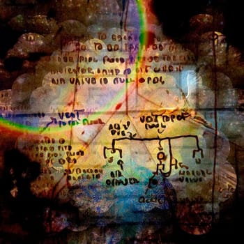 Surreal composition. Winged angel. Ancient script on the background