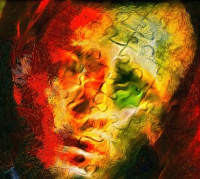 Surreal oil painting. Fear on face of man.