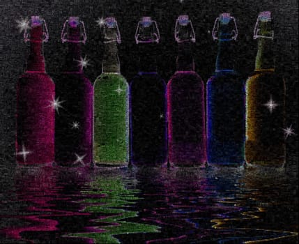 Colorful bottles reflected in water surface. Image composed entirely of words