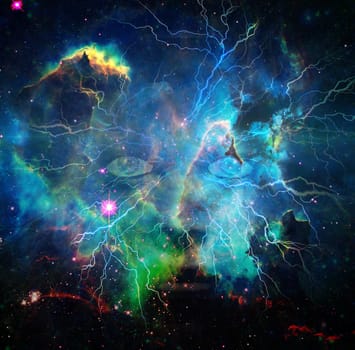 Surrealism. Woman's face in vivid universe.