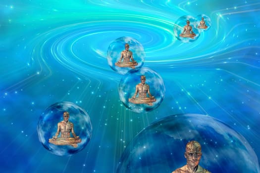 Meditating droids in transparent bubbles