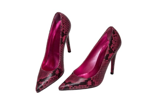 Fashionable female high heels. A pair of purple high-heeled female shoes isolated on a white background. Shoes from snakeskin imitation.