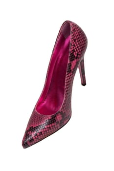 Fashionable female high heels. A pair of purple high-heeled female shoes isolated on a white background. Shoes from snakeskin imitation.