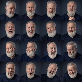 Mosaic of old man portraits with gray beard expressing different emotions. Christian concept for the spiritual change, evolution, from a person without faith.