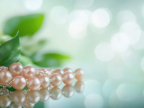 Delicate pink pearls lie elegantly on a shiny surface, surrounded by greenery. Soft bokeh lights create a dreamy atmosphere, enhancing the serene aesthetic.