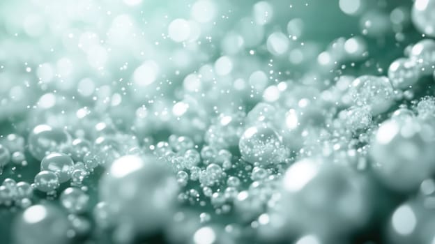 Irregular clusters of bubbles rise and shimmer against a soft green backdrop, creating a tranquil and mesmerizing underwater ambiance. The light dances on the surface, enhancing the magical effect.