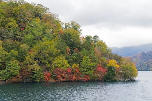 Lake Chuzenji is a scenic lake in the mountains above the town of Nikko. It is located at the foot of Mount Nantai, Nikko's sacred volcano, whose eruption blocked the valley below, thereby creating Lake Chuzenji about 20,000 years ago. This photo was shot in autumn